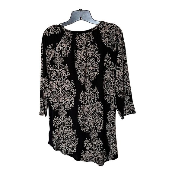 Lucky Brand Black/Tan Print Popover 3/4 Sleeve Top and Keyhole Neckline Size 1X - Picture 2 of 10